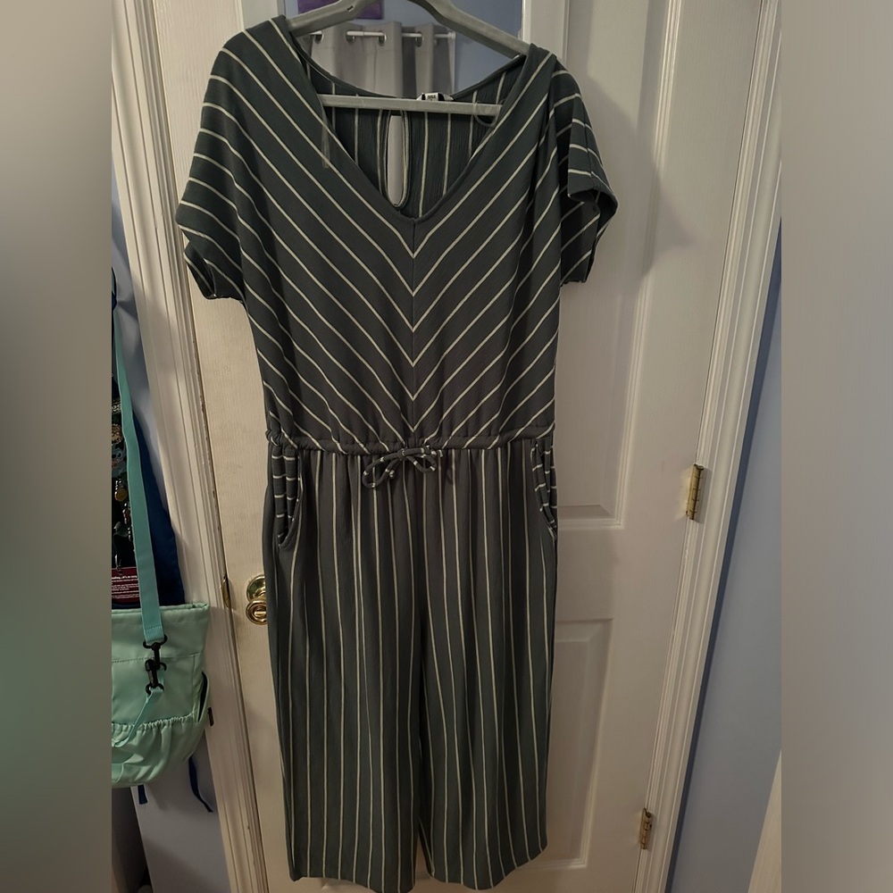 Striped V-Neck Jumpsuit - Green